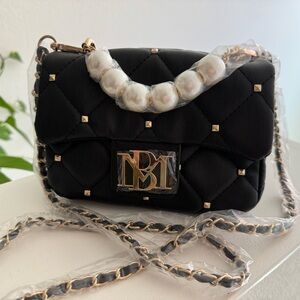 NEW Badgley Mischka Black Small Stud Flap Quilted Gold Chain Crossbody Top Pearl
